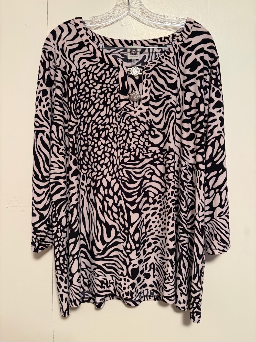 Anne Klein Black & Light Pink Animal-Print Tunic with Decorative Buttons
